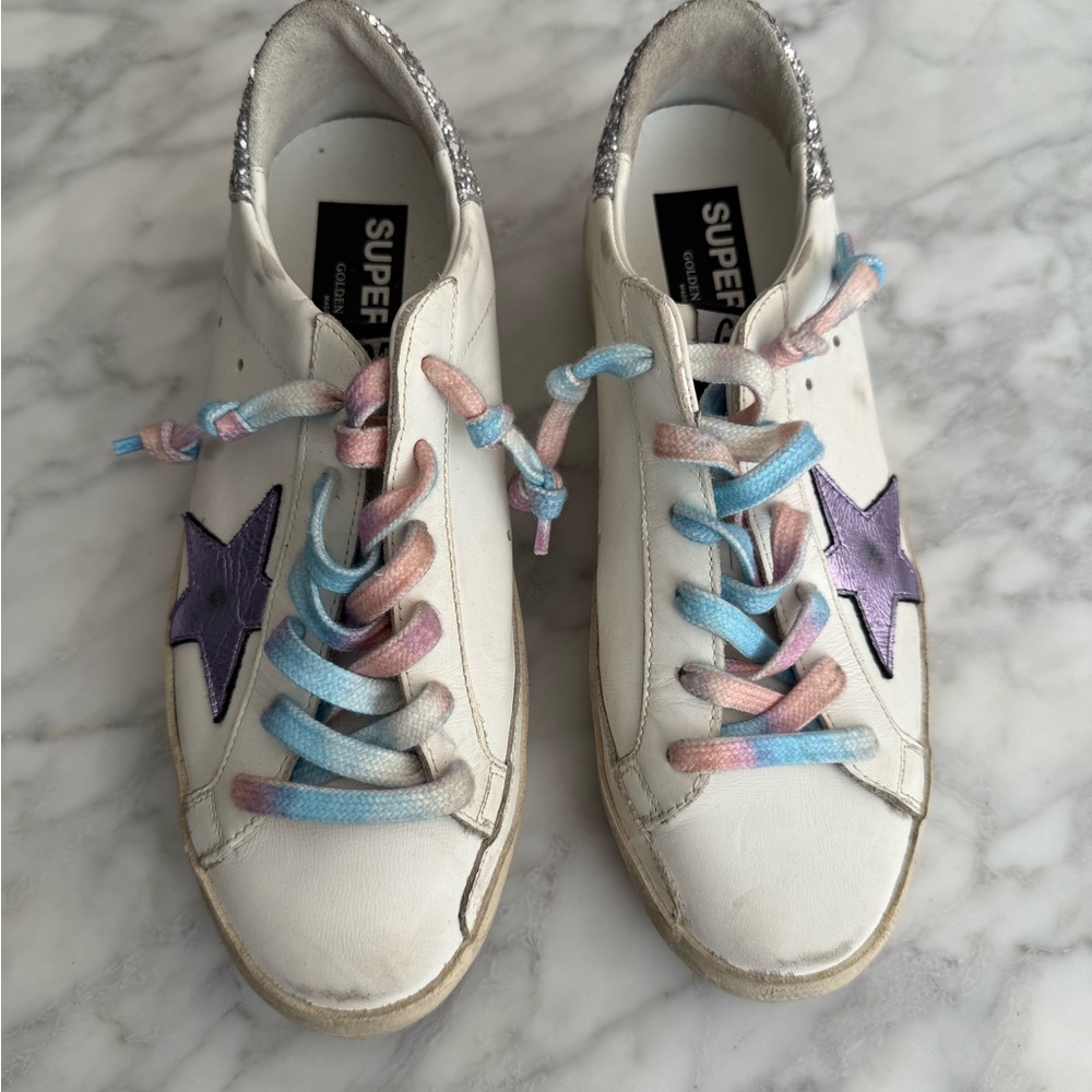 Golden Goose White Sneakers with Purple Star and Multicolor Laces